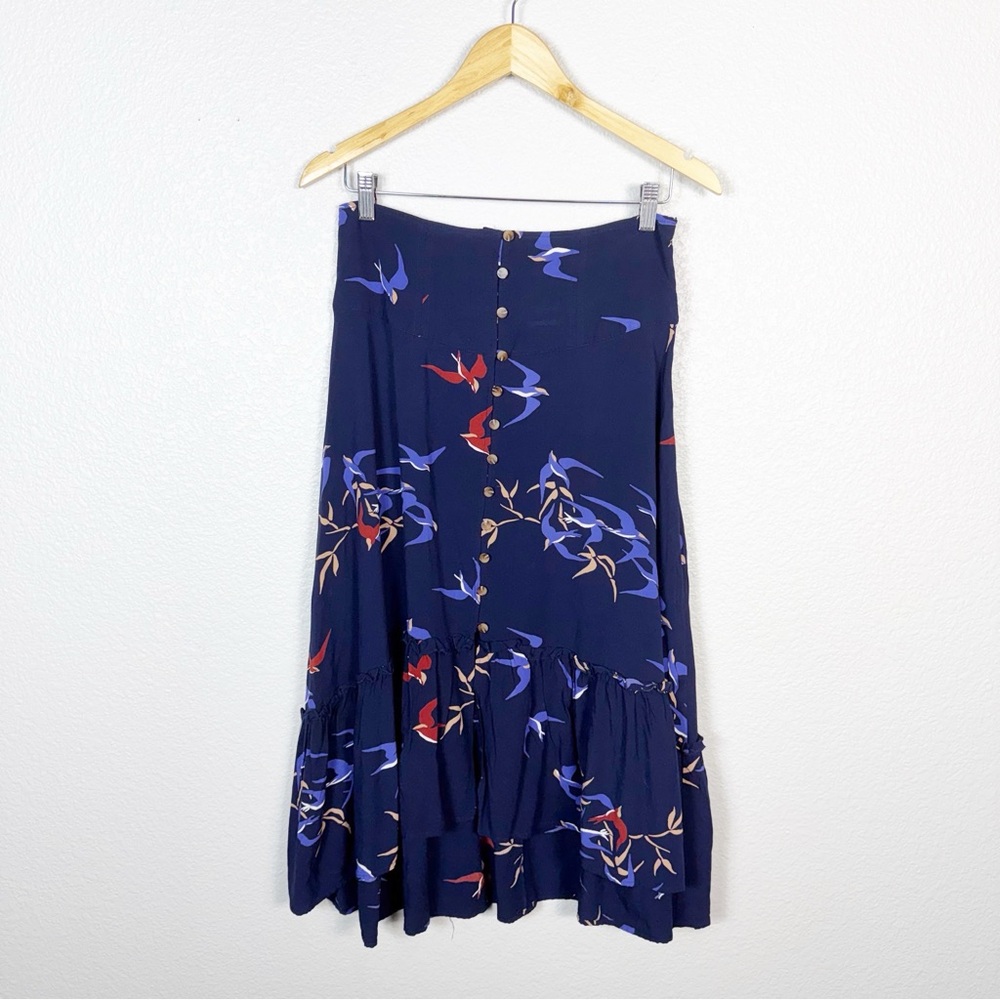 Anthropologie Maeve Size 4 Women’s Merida Bird Print Midi Skirt Blue